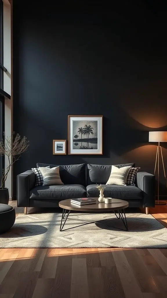 A cozy living room featuring a black sofa against a dark accent wall, complemented by art pieces and warm lighting.