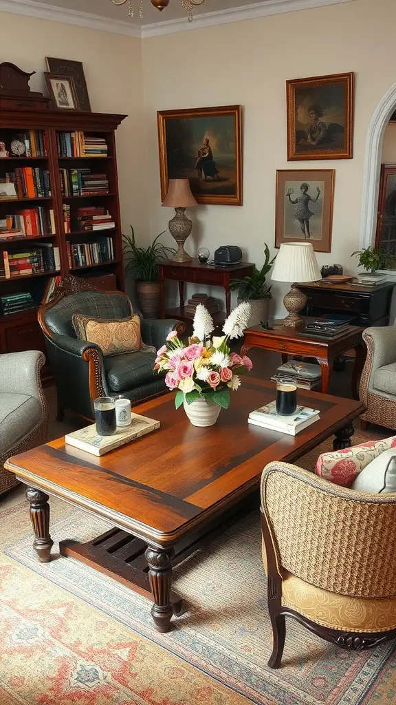 A cozy living room featuring an antique coffee table with drinks and flowers, surrounded by vintage-style furniture.