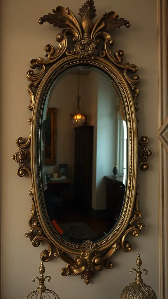 An antique mirror with an ornate golden frame reflecting a cozy living room.