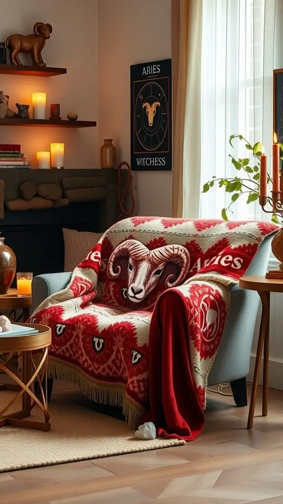 A cozy chair with an Aries-inspired throw blanket featuring a ram design, surrounded by candles and decorative items.