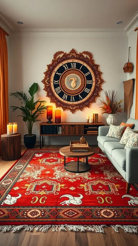 A vibrant red area rug featuring Aries designs in a cozy living room setting.