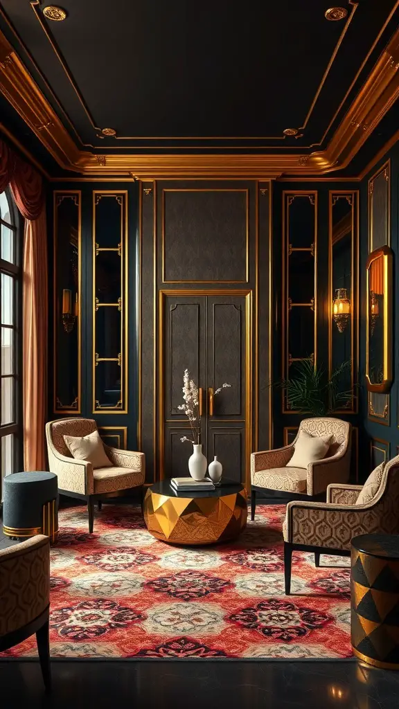 A luxurious Art Deco styled living room with black walls, gold accents, and elegant furniture.