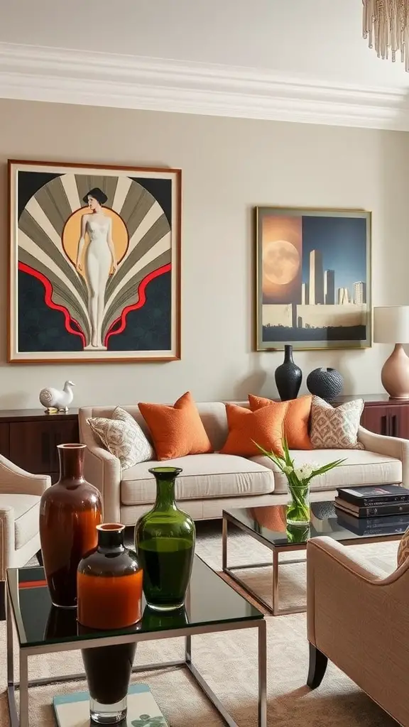 Living room with art deco inspired vases and shell artwork