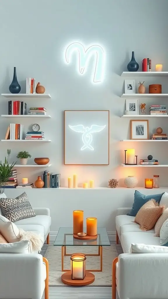 A stylish living room with white sofas, artful wall shelves filled with books and decor items, and soft candle lighting.