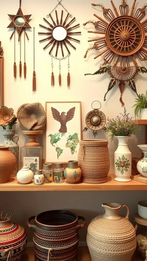 A display of artisan crafts and decor items on shelves, featuring woven baskets, sculptures, vases, and a mix of textures and colors.