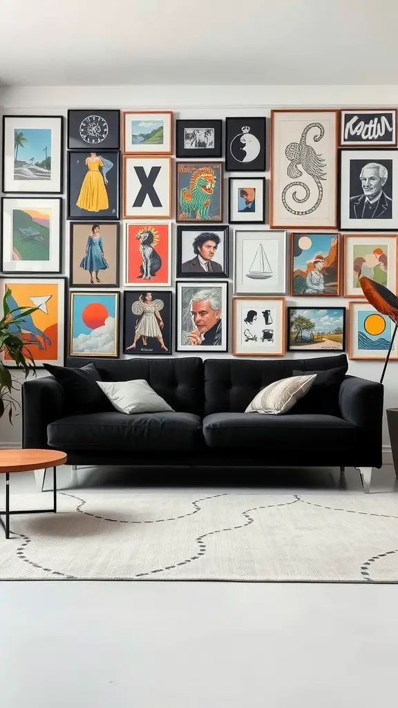 Living room with a black sofa and a colorful gallery wall filled with various framed artworks.