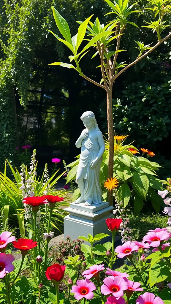 A white statue of a young girl surrounded by colorful flowers in a garden.