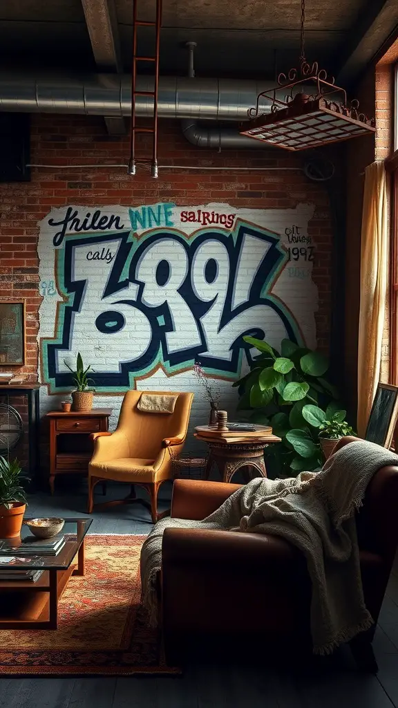 Living room with a graffiti wall and cozy furniture