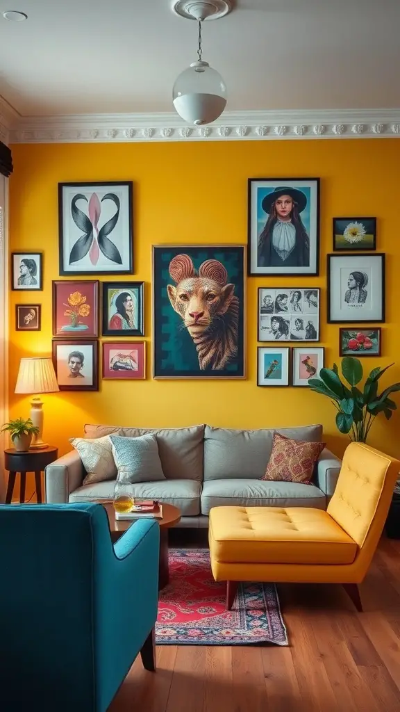 A cozy living room with yellow walls adorned with various framed artworks, featuring a gray sofa, a yellow chaise lounge, and vibrant decor elements.