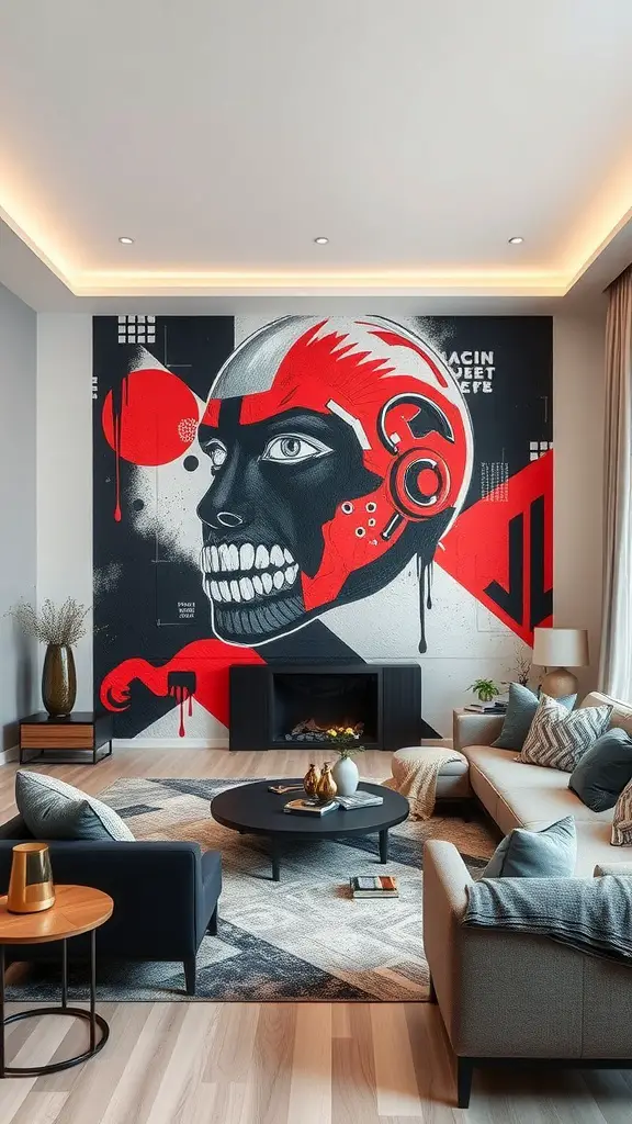 A modern living room featuring a striking black and red mural on the wall, with stylish furniture and decor.