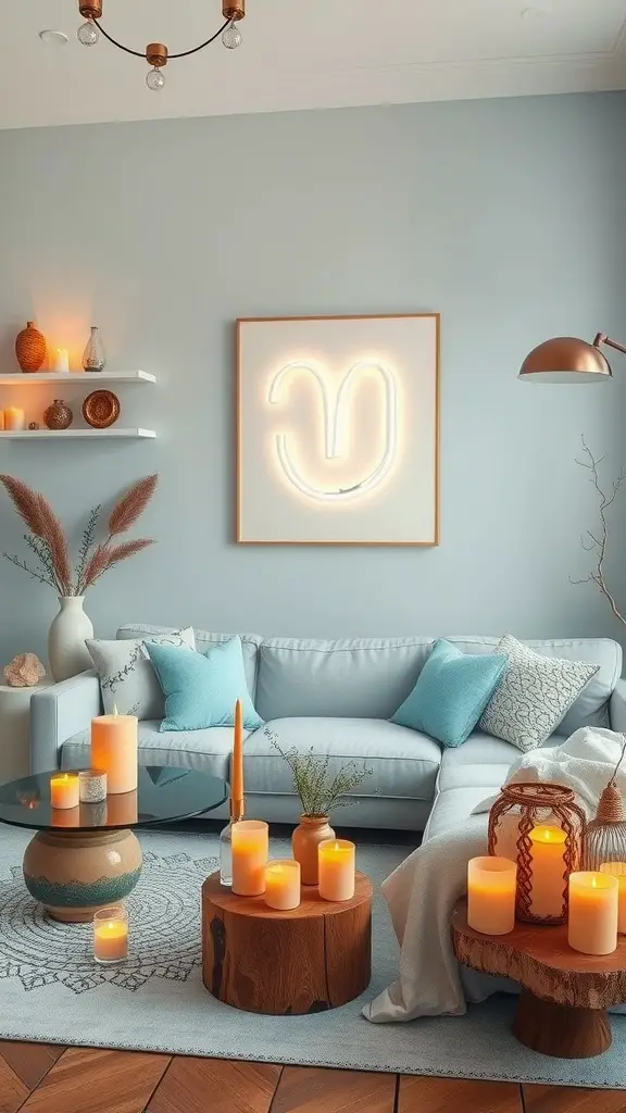 A cozy living room with astrological accents, featuring a neon Aquarius sign, candles, and a light blue sofa.