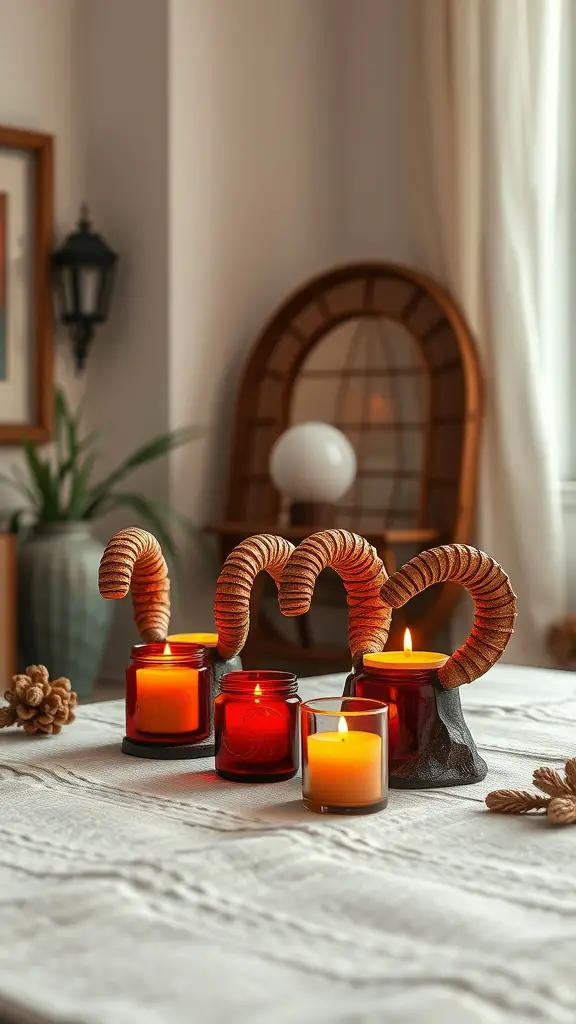 Astrological candle holders in warm tones with whimsical designs, creating a cozy atmosphere.