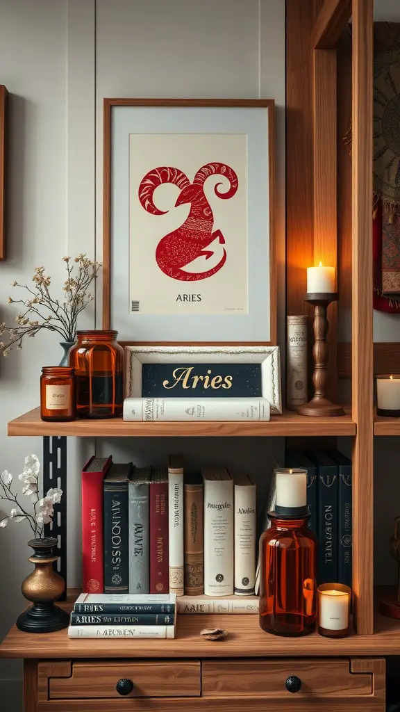 A wooden bookshelf filled with astrology books, featuring a red Aries symbol print and decorative candles, creating a cozy aesthetic.