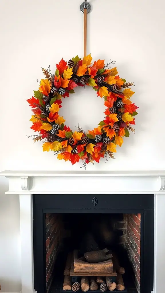 A vibrant autumn wreath with red, orange, and yellow leaves, and pine cones, hanging above a fireplace.