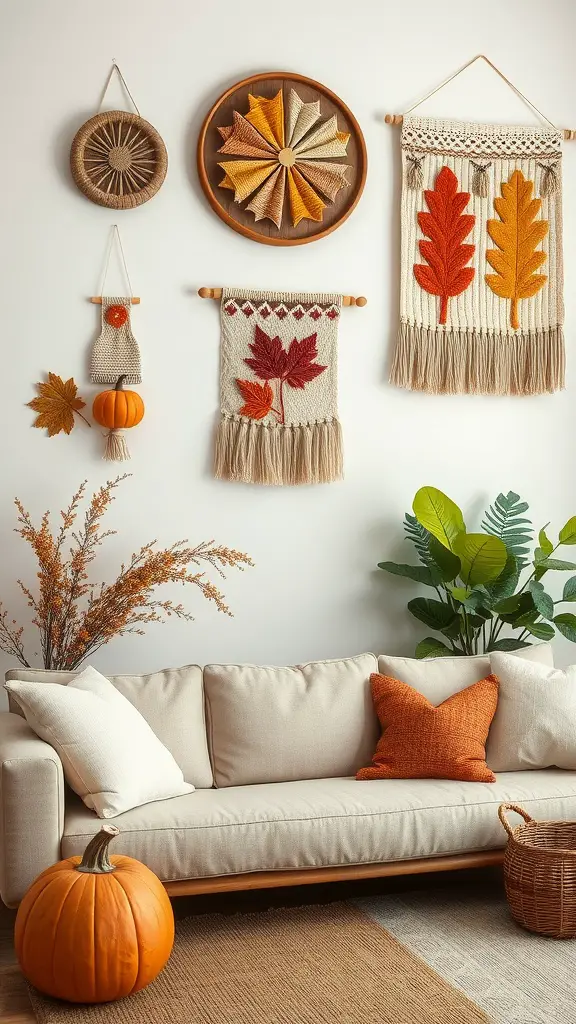 Cozy living room with autumn-themed wall hangings featuring colorful leaves, a pumpkin, and warm decor elements.