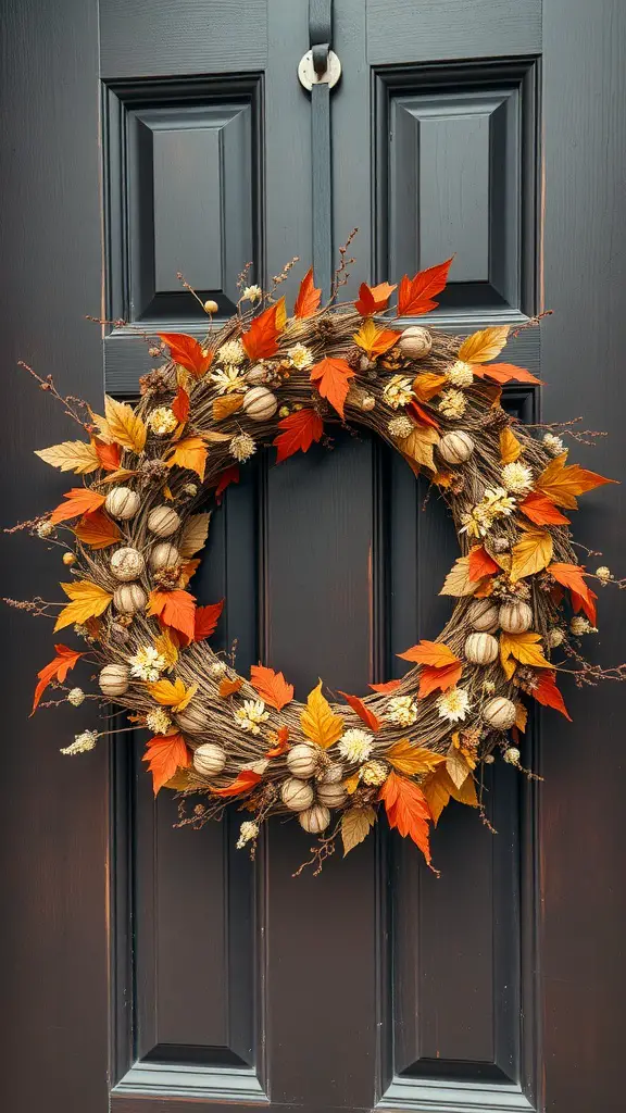 A fall wreath made of dried flowers and colorful leaves, hanging on a dark door.