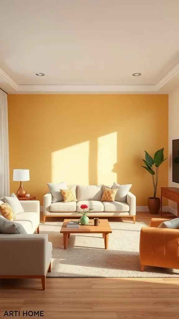 A bright living room with yellow walls, featuring light-colored sofas, a wooden coffee table, and a plant.