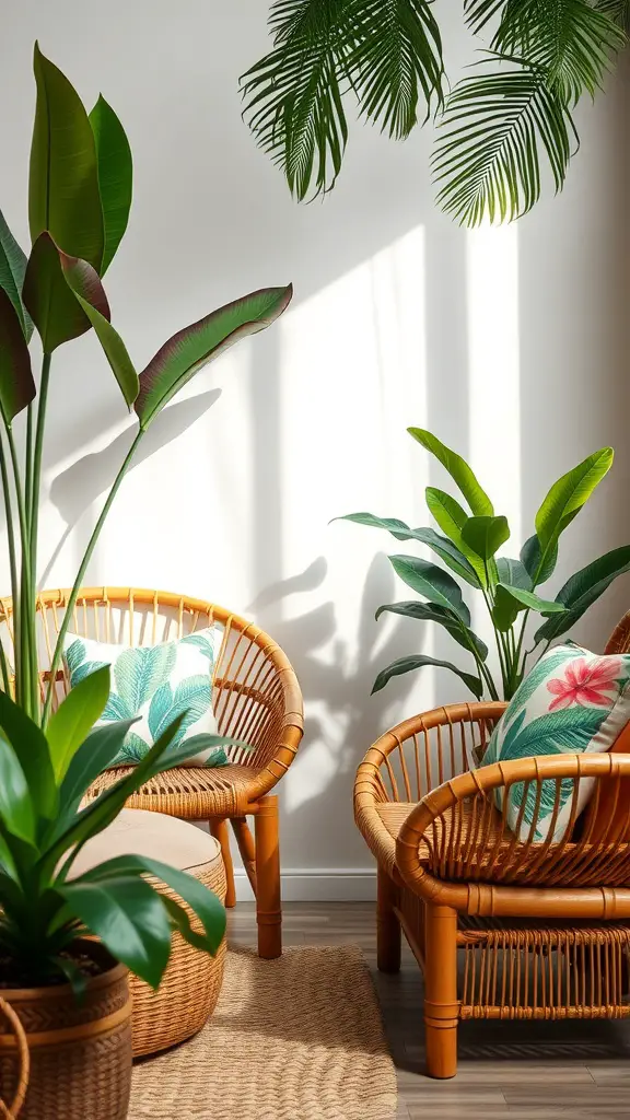 A cozy corner featuring bamboo furniture with tropical cushions and lush plants