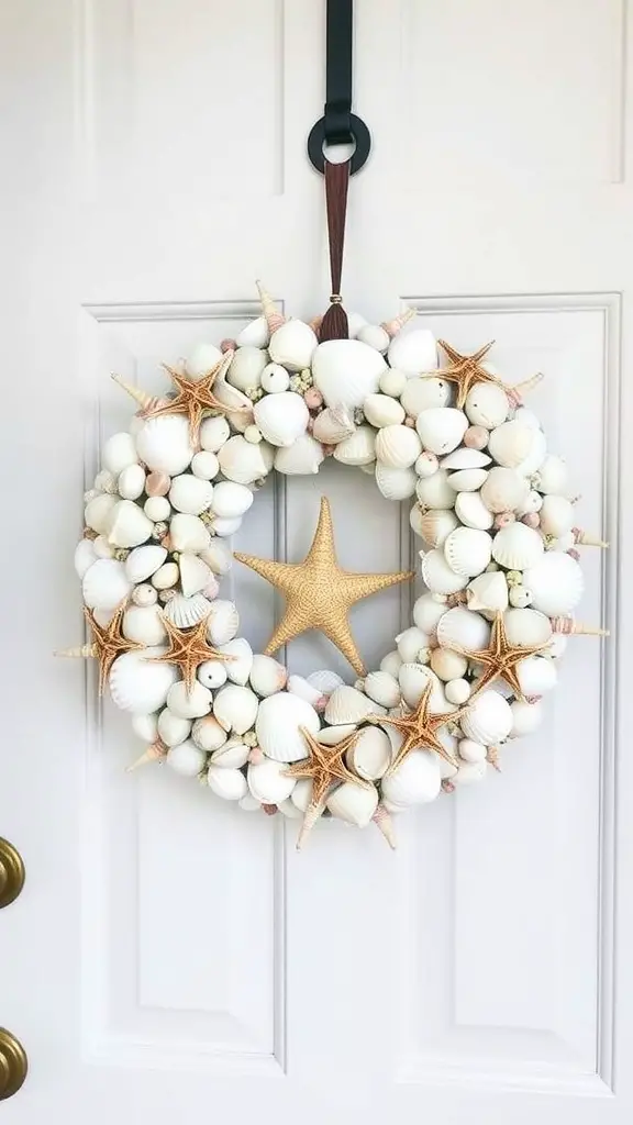 A beach-themed wreath featuring seashells and starfish on a door.
