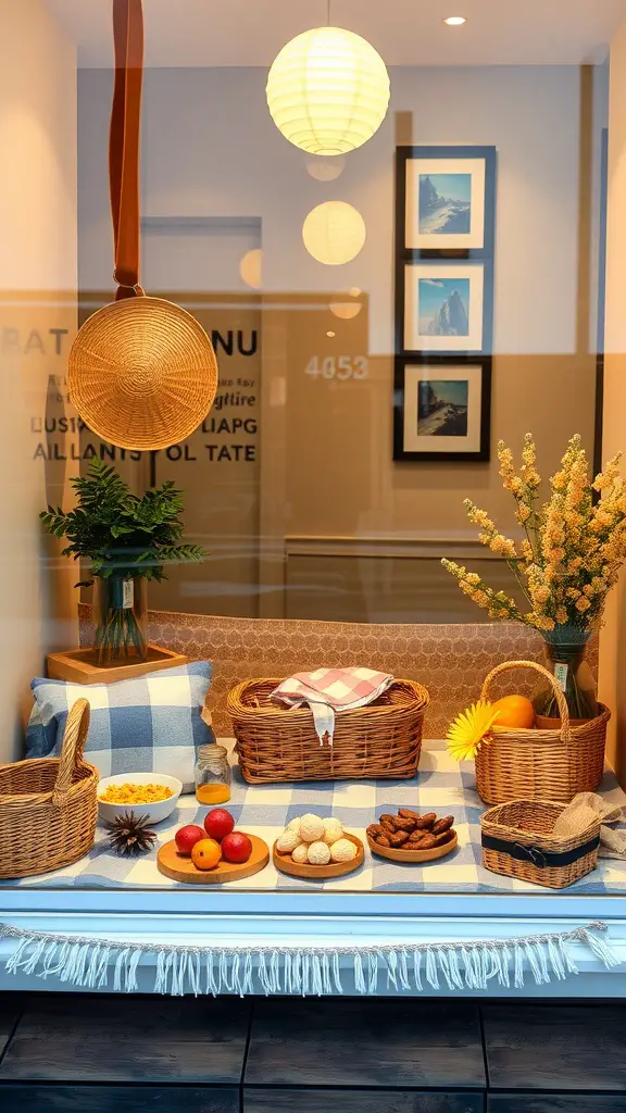 A cozy beach picnic setting featuring wicker baskets and fruits on a picnic blanket, with decorative lanterns and beach photos.