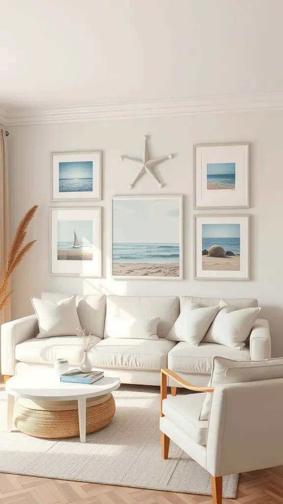 A coastal living room featuring beach-themed artwork, including framed prints of a beach, ocean, and sailboats, with light-colored furniture.