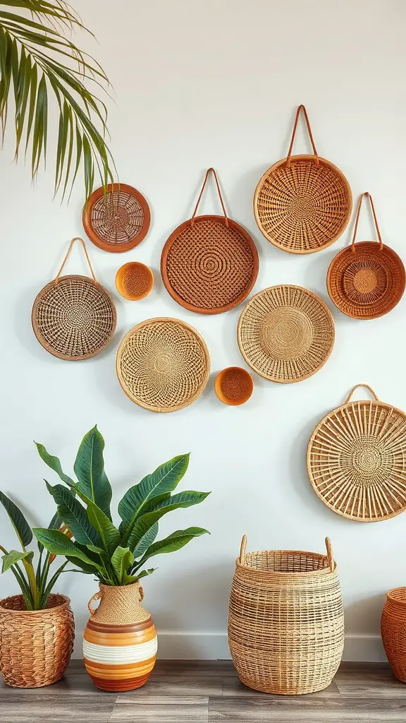 A collection of woven wall baskets of various sizes and designs, arranged on a wall, with potted plants in the foreground.