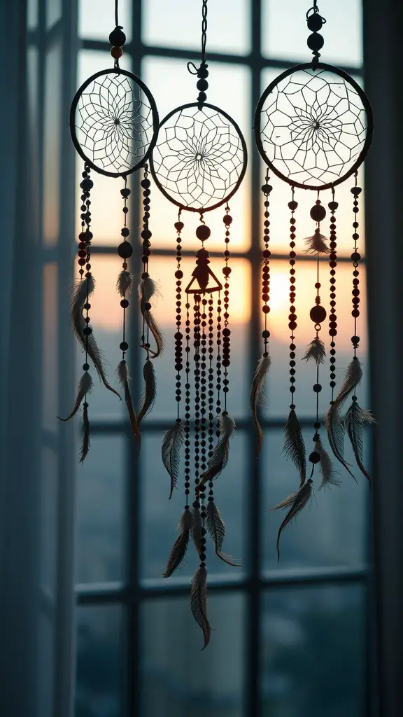Three beaded dream catchers hanging in front of a window with a sunset in the background