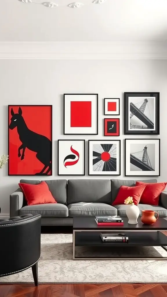 Gallery wall with black and red art displays above a gray couch in a living room.