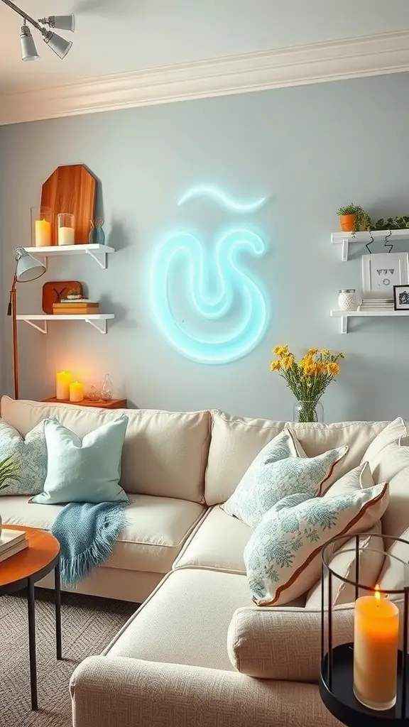 A cozy living room featuring a light-colored sofa with various bohemian throw pillows, complemented by candles and a decorative wall.