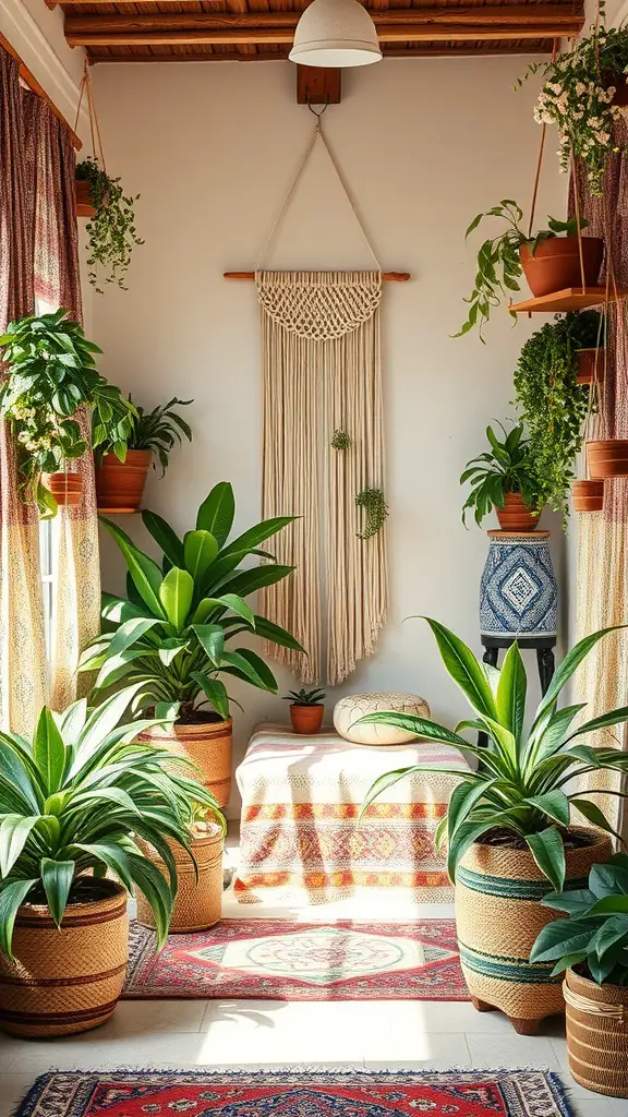 A cozy room filled with plants and a macrame wall hanging, featuring colorful rugs and warm textures.