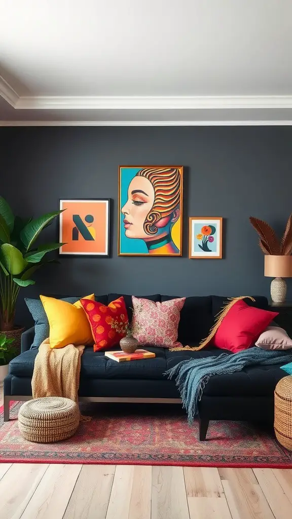 Cozy living room featuring a black sofa with colorful pillows, vibrant artwork, and plants.