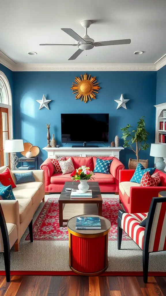 A vibrant living room featuring blue walls, red sofas, decorative pillows, and Americana-themed decor.