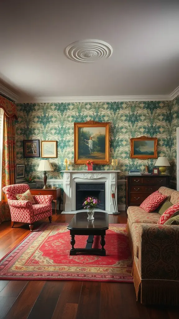 A vintage living room with bold botanical wallpaper, red patterned chairs, and framed paintings.