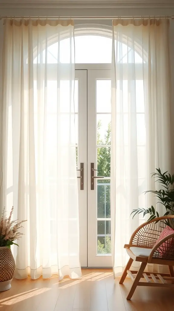 Light, sheer curtains frame a set of doors, allowing natural light to fill the room, with a cozy chair and greenery nearby.
