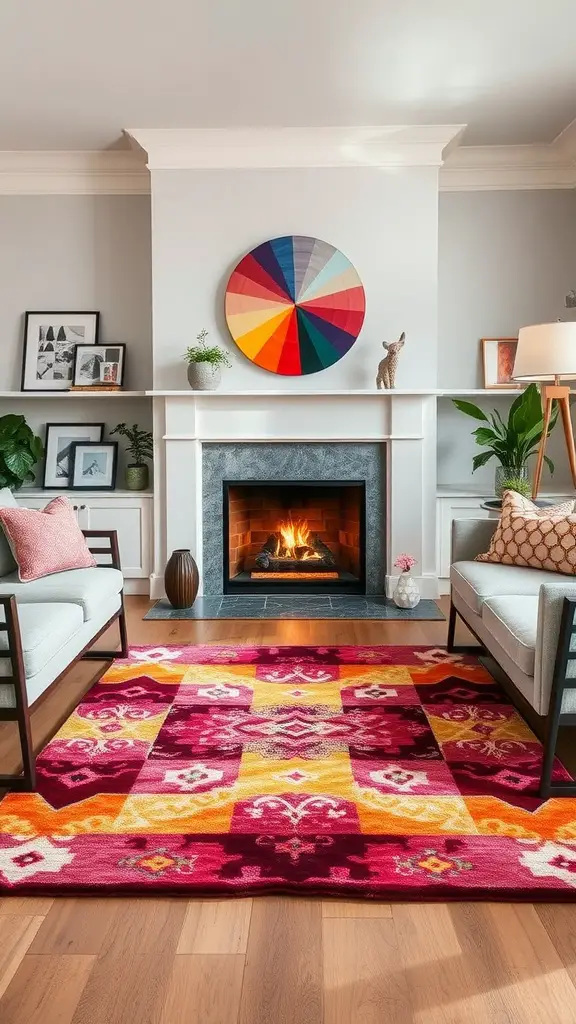 Brightly colored area rug in a cozy living room with a fireplace