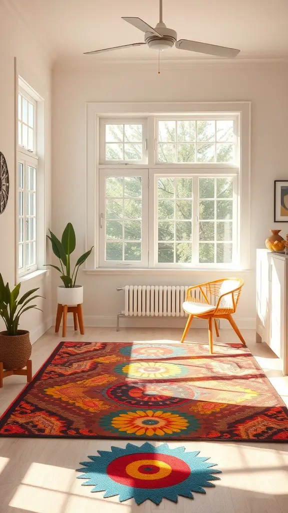 A bright area rug with colorful floral patterns in a sunny room with windows and plants.
