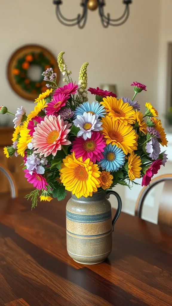 A colorful floral centerpiece in a rustic pitcher on a wooden table.
