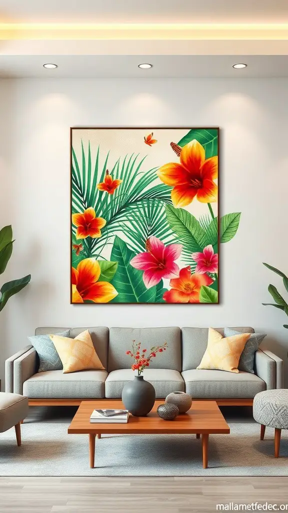 Vibrant tropical wall art featuring hibiscus flowers and palm leaves above a cozy living room sofa.