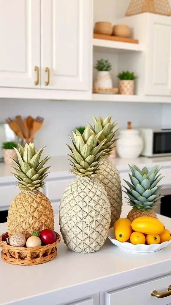 A colorful kitchen counter featuring various pineapple decorations, vibrant fruits, and green plants.