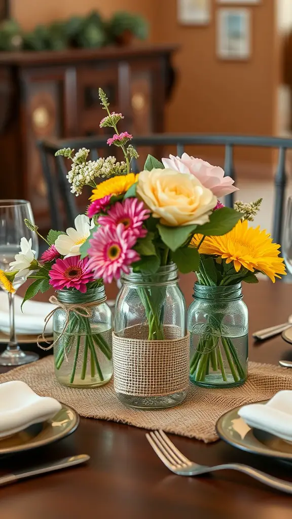 Mason jars with flowers wrapped in burlap on a dining table