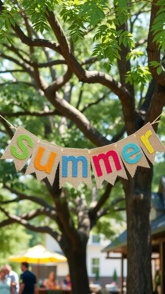 Colorful burlap banner spelling out 'SUMMER' hanging in a green forest