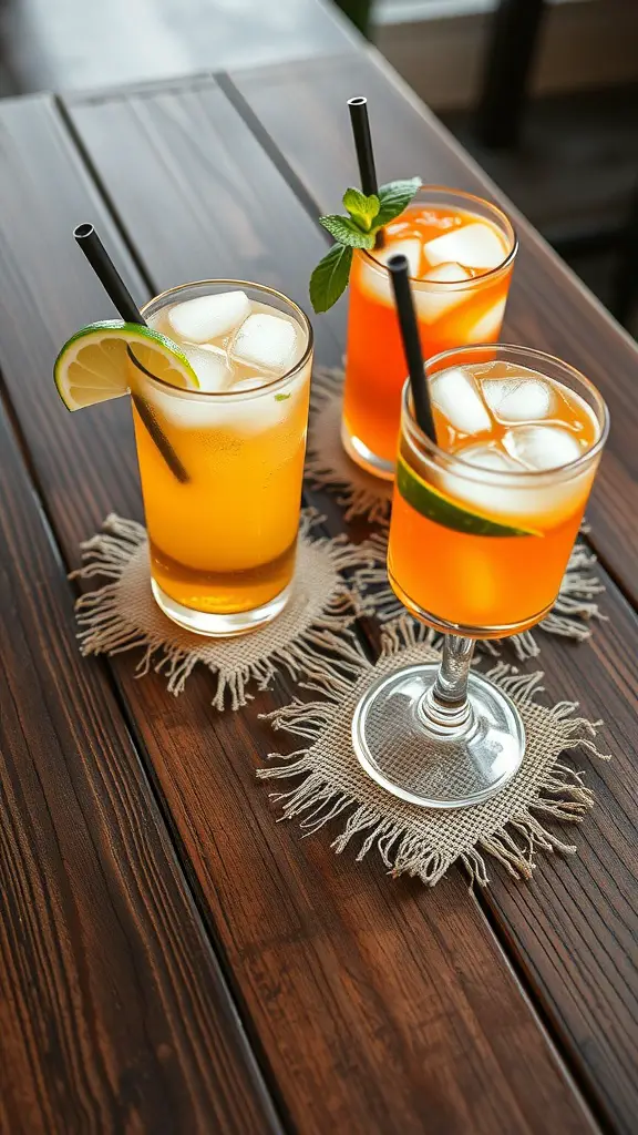 Three colorful drinks on burlap coasters on a wooden table