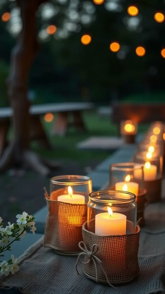 Burlap covered candle holders with glowing candles, set outdoors with string lights in the background.