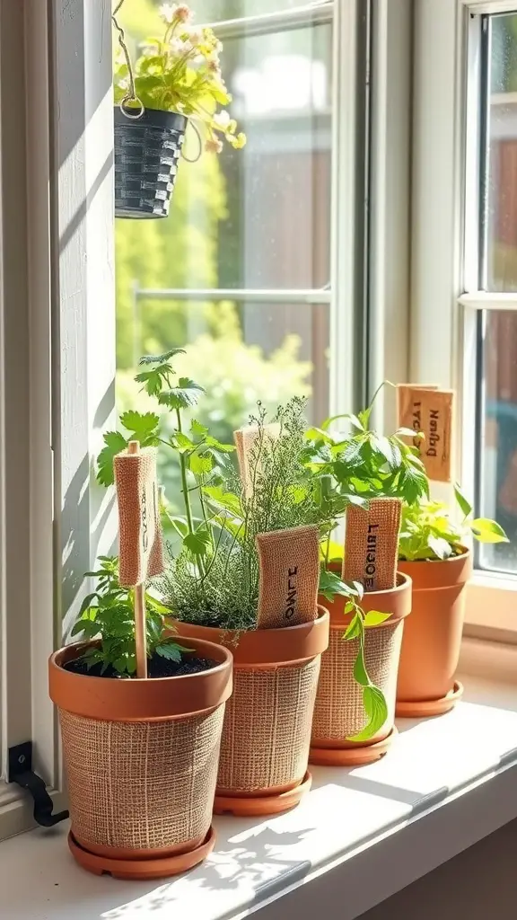 Burlap garden markers in terracotta pots on a sunny windowsill