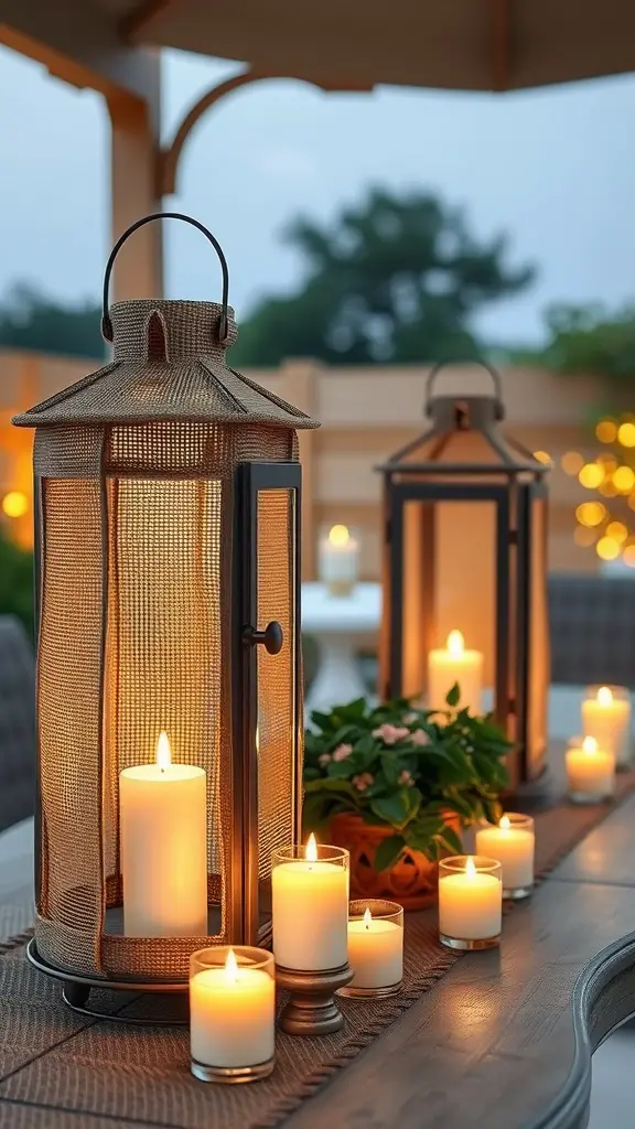 Burlap lanterns with glowing candles on a table outdoors