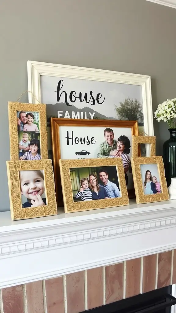 A display of family photos in burlap-accented frames on a mantel