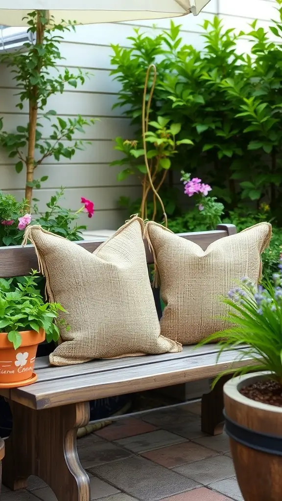 Two burlap pillows with phrases on a wooden bench surrounded by green plants.