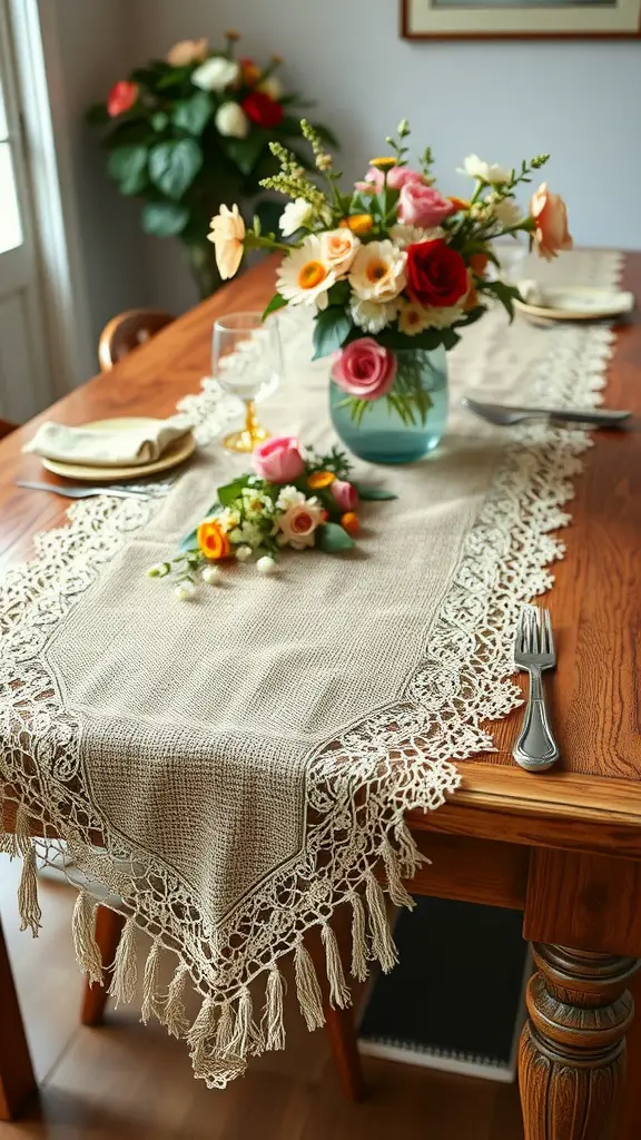 A burlap table runner with lace accents on a wooden table, decorated with a colorful flower arrangement.