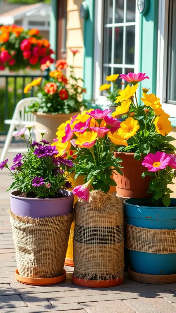 Colorful flower pots wrapped in burlap, displaying bright flowers on a sunny patio.