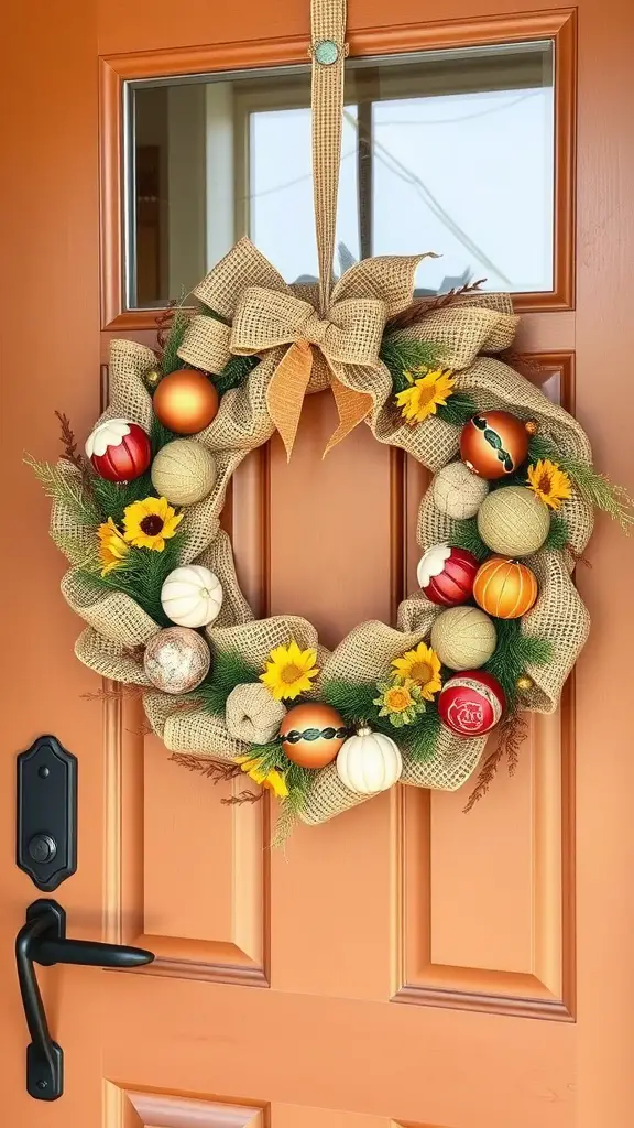 A burlap wreath with sunflowers and colorful ornaments hanging on an orange door.